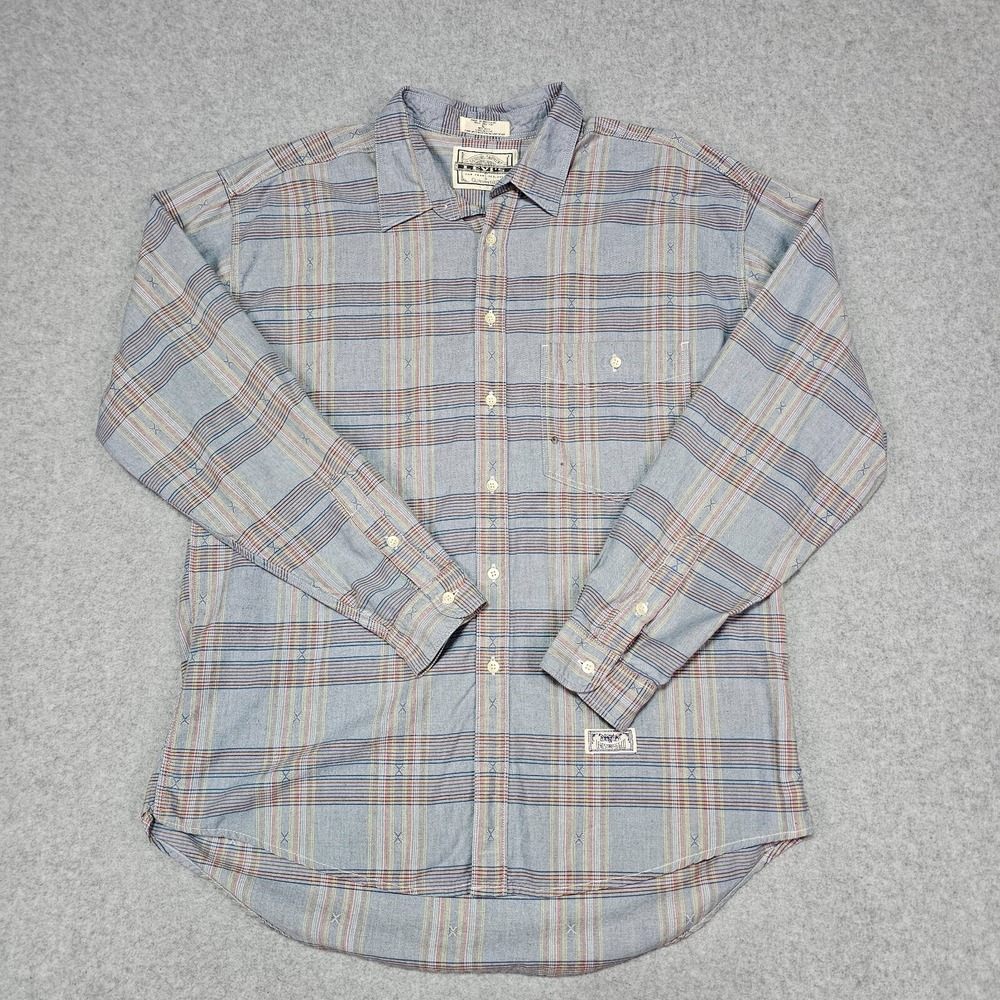 VTG Levi's Poplin Shirt Mens Large Blue Plaid Button Up Cotton 80's *Stains*‎